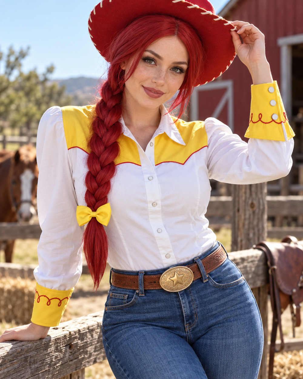 Jessie Toy Story Red Braid Cosplay Wig & Bow Halloween Cowgirl Costume